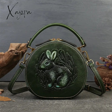 Xajzpa - 2023 New Retro Round Womenโs Genuine Leather Handbags For Ladies Luxury Designer Rabbit
